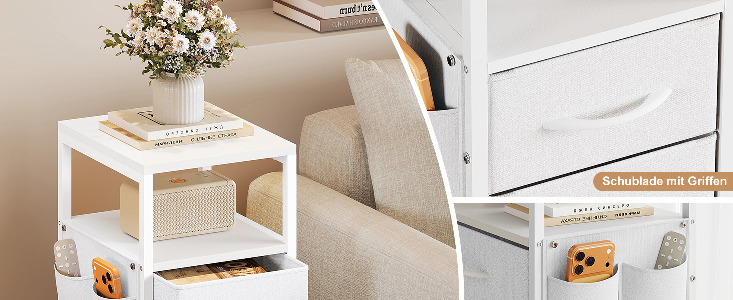 Нічний столик з підзарядкою та LED-підсвіткою, білий, 25x30x60 см, з 3 висувними ящиками, полицею та USB/Type-C портами