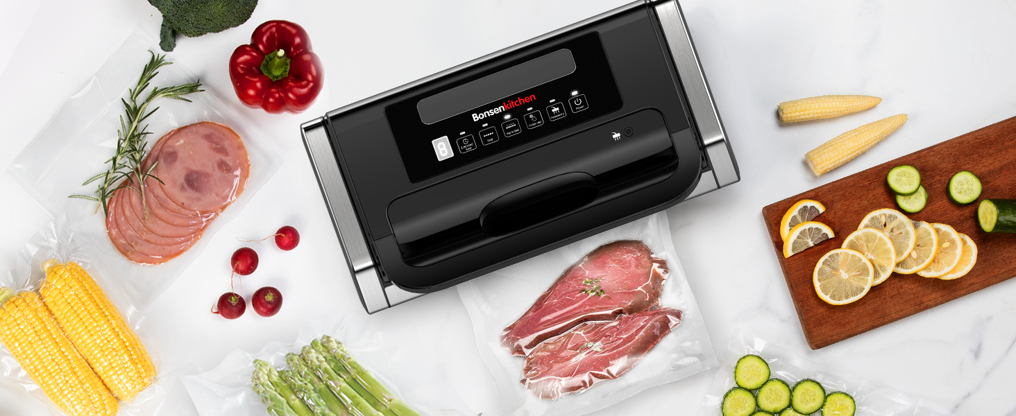 Вакууматор Bonsenkitchen для продуктів, потужний вакуумний пакувальник 15л/хв, з інтегрованим різаком та ручкою-фіксатором, чорний (комплект з 100 пакетами)