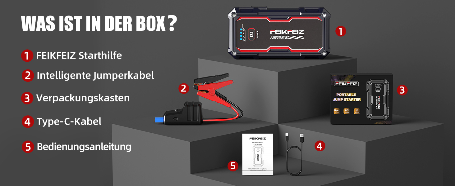 Бустер для автомобіля FEIKFEIZ Auto Starthilfe Powerbank 6000A, 26800mAh, пусковий пристрій для 12V акумуляторів (бензин та дизель до 8.0L) з USB-портом та LED-ліхтарем