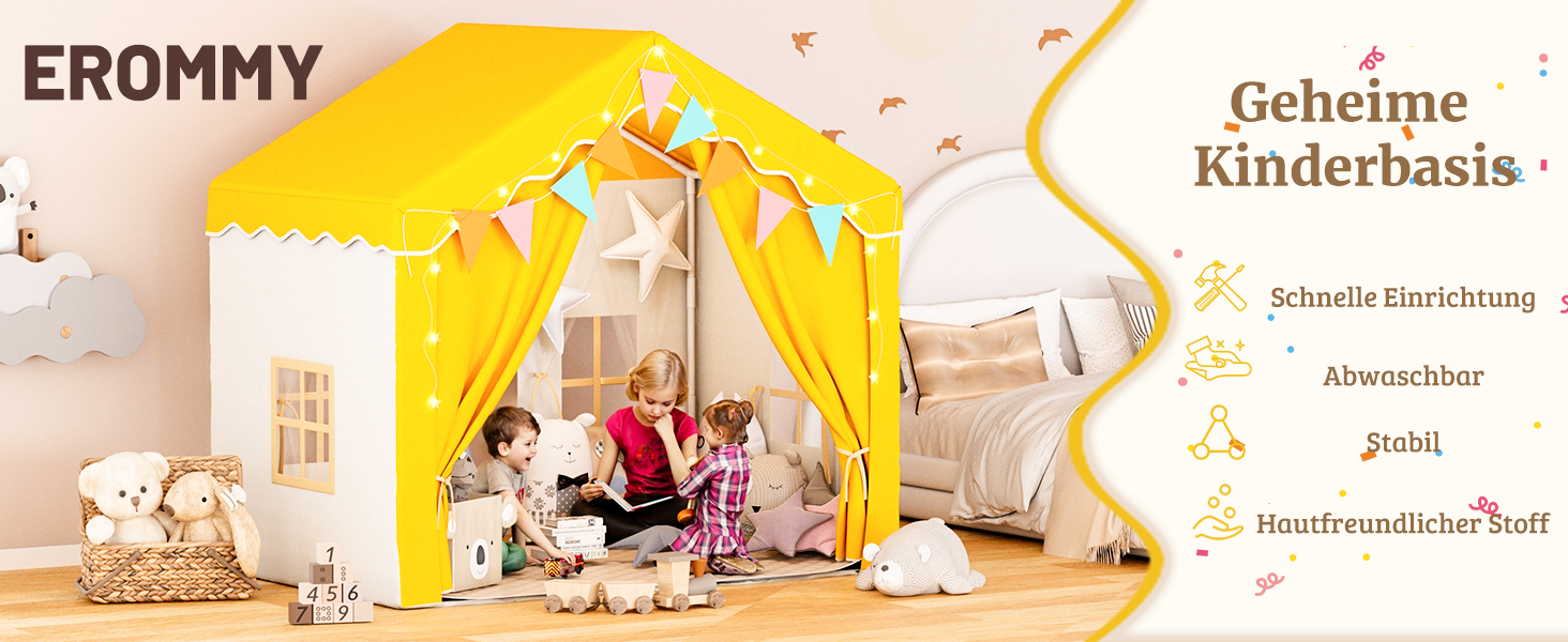 Дитяче намет-будиночок EROMMY 2-в-1 з килимком, прапорцями та світлодіодними смугами, з двома дверцятами, з даховим віконцем, для дому, від 3 років (Жовтий)