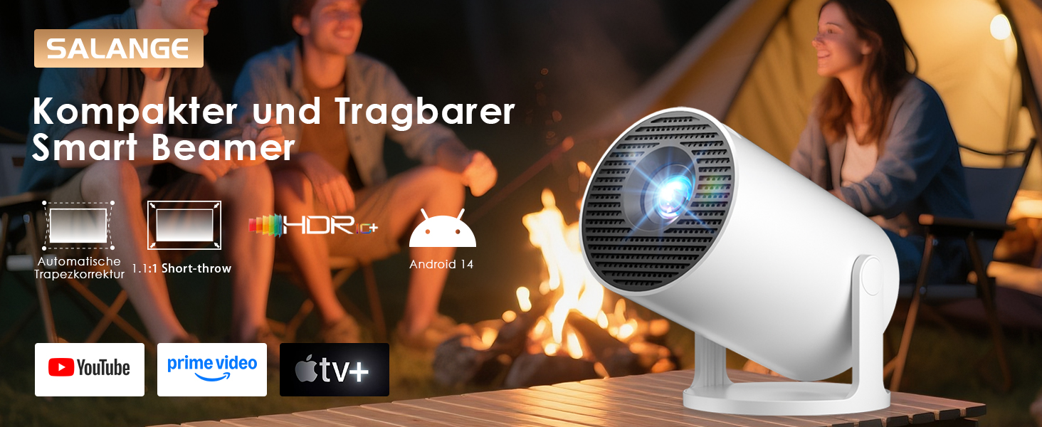 Смарт-проектор Salange Mini Beamer 2026, Android 14, 4K підтримка, WiFi 6, Bluetooth 5.4, автокоррекция трапеції, портативний домашній кінотеатр для дому та вулиці, поворот на 270°, білий
