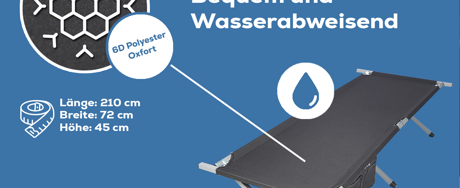 Складане кемпінгове ліжко 24MOVE® для відпочинку на природі та вдома, витримує до 200 кг, 210x72x45 см, чорне, з сумкою для перенесення