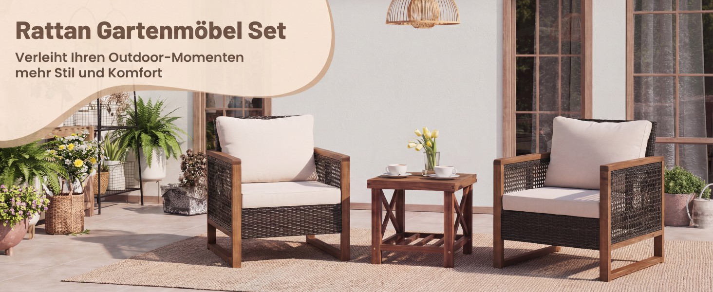 Набір садово-розкладних меблів GIANTEX з ротангу (3 шт.), садова група для балкону на 2 особи, Lounge Set з 2 кріслами та дерев'яним столом, коричневий, з подушками