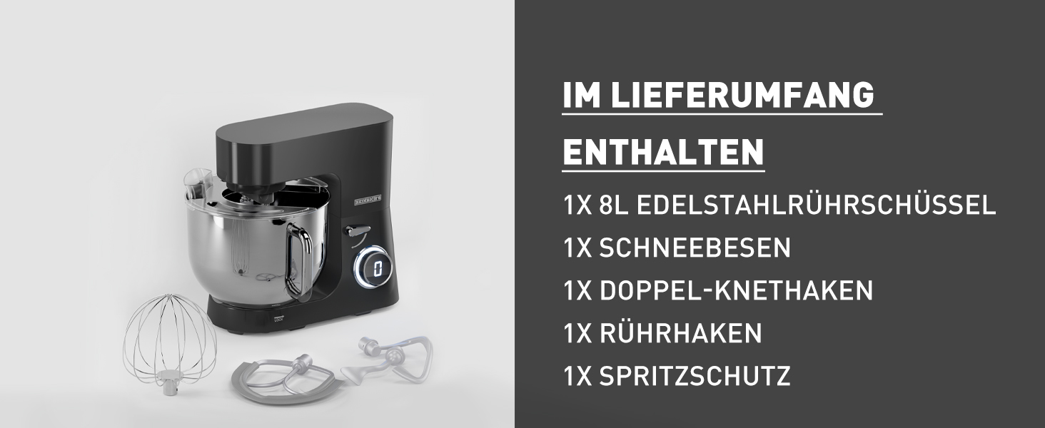 Кухонна машина Heinrichs 2500W з двома гаками для тіста, міксером та насадкою для збивання, 8 швидкостей, чаша 8л з нержавіючої сталі, тиха, з титановим покриттям