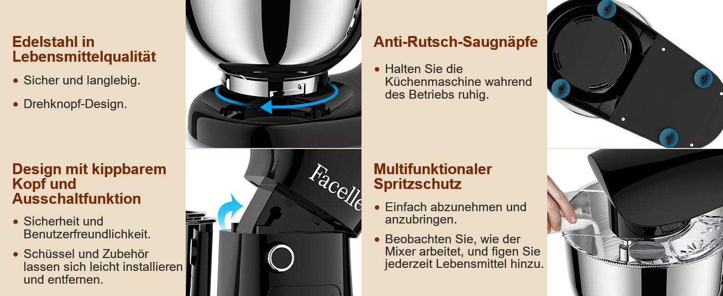 Кухонна машина Facelle 1500W з місткістю 5,5/4,5л: міксер, тістоміс, набір насадок, тиха робота (чорний)