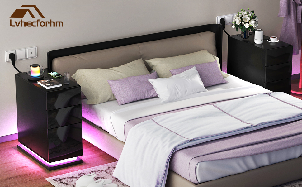 Вузька тумба приліжкова Lvhecforhm з LED-підсвіткою, чорна, з розеткою та USB, 16 режимів підсвітки, глянцева, 50x30x63 см