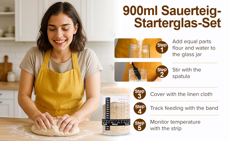 Набір для закваски з 21 елементом: 2 гільзи (23 см круглі, 25 см овальні), скляна тара 900 мл для заквашування, аксесуари для випікання хліба для початківців та професіоналів