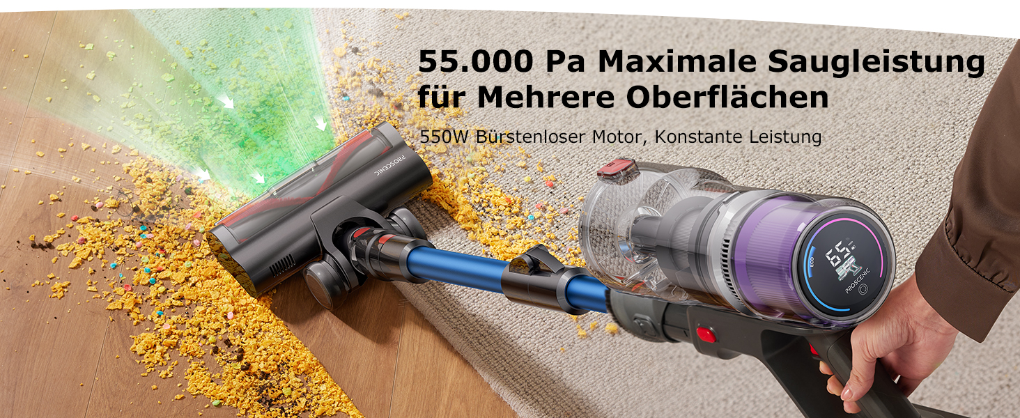 Бездротовий пилосос Proscenic P16: акумуляторний, 550W, 65 хв роботи, гнучкий згин, GreenEye, антизаплутувальна насадка, для килимів, твердих поверхонь, шерсті тварин, синій