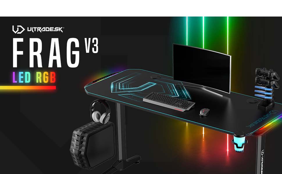 Ігровий стіл ULTRADESK FRAG V3 LED RGB - вміщує 2 монітори, сталева конструкція, 150x60 чорний