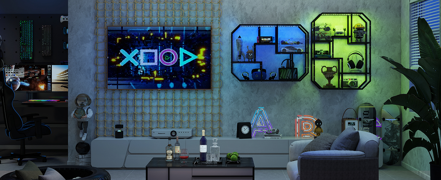 Підвісні полиці YU YUSING з RGB підсвічуванням 7 кольорів, геймерські полиці з 8 гачками, полиці для демонстрації, настінна вітрина з 2 скляними полицями, підвісна вітрина для спальні, кухні, бару, ігрової кімнати, шестигранна (чорний колір)