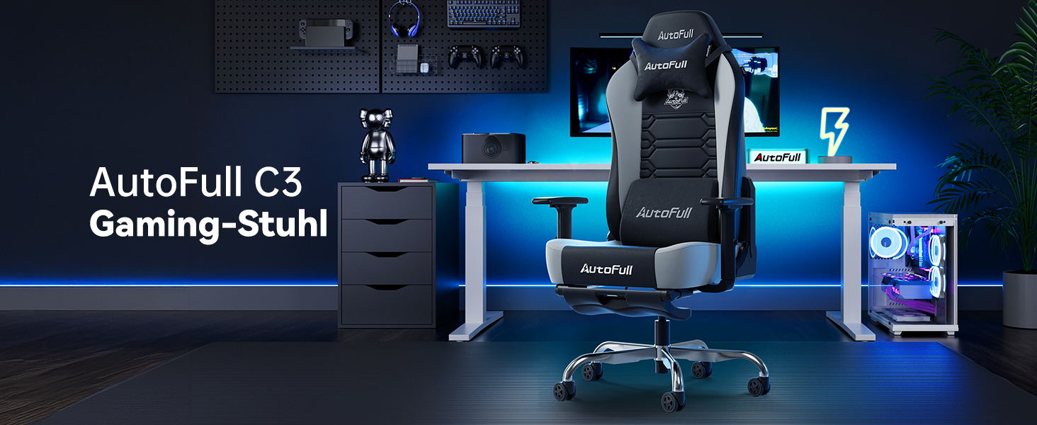 Ігровий крісло AutoFull C3: ергономічний дизайн, 2D підлокітники, підставка для ніг, подушки для голови та попереку, чорно-білий матеріал, 150 кг, комфортний