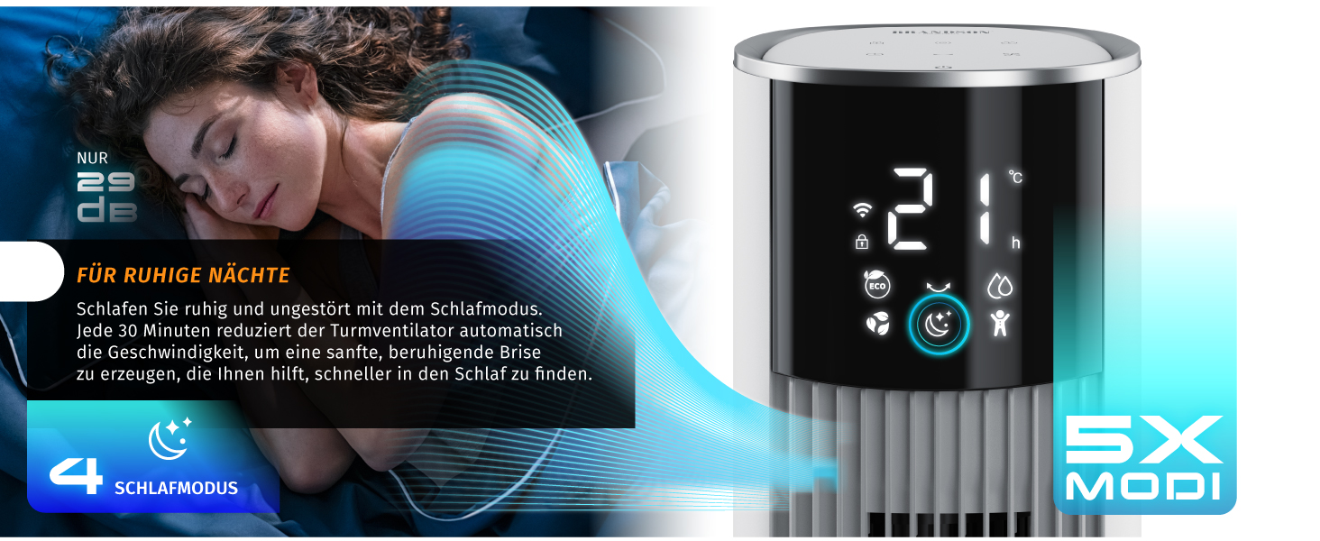 Вентилятор вежний з Wi-Fi та охолодженням води Brandson ECO GREEN – тихий, з керуванням Alexa, смарт-вентилятор для дому, мобільний кондиціонер