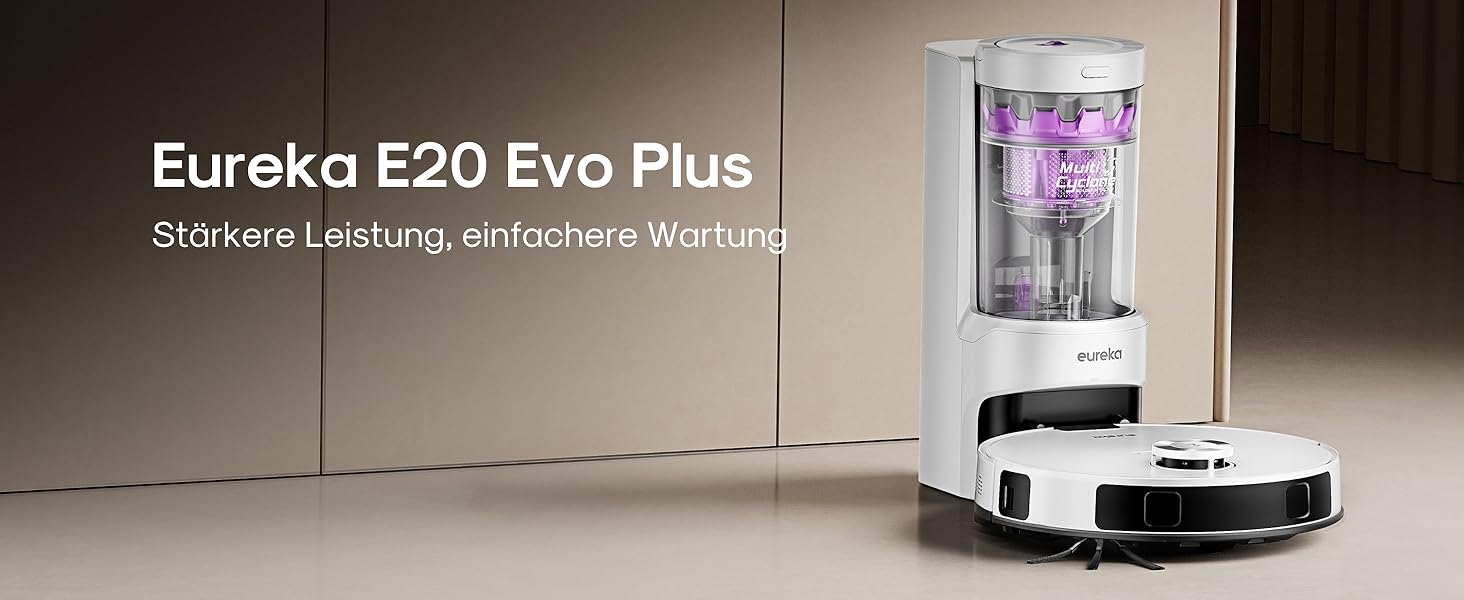 Робот-пилосос Eureka E20 Plus з потужністю 8000 Па, самостійною станцією очищення, функцією запобігання заплутування, 3D уникнення перешкод, 180 хвилин роботи, DuoDetect AI, білий
