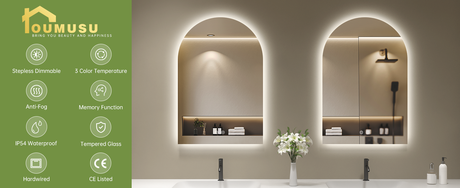 Дзеркало для ванної кімнати OUMUSU з підсвічуванням, 50x75 см, без рами, арочне, антизапотівальне, сенсорне керування, диммування, 3 кольори світла
