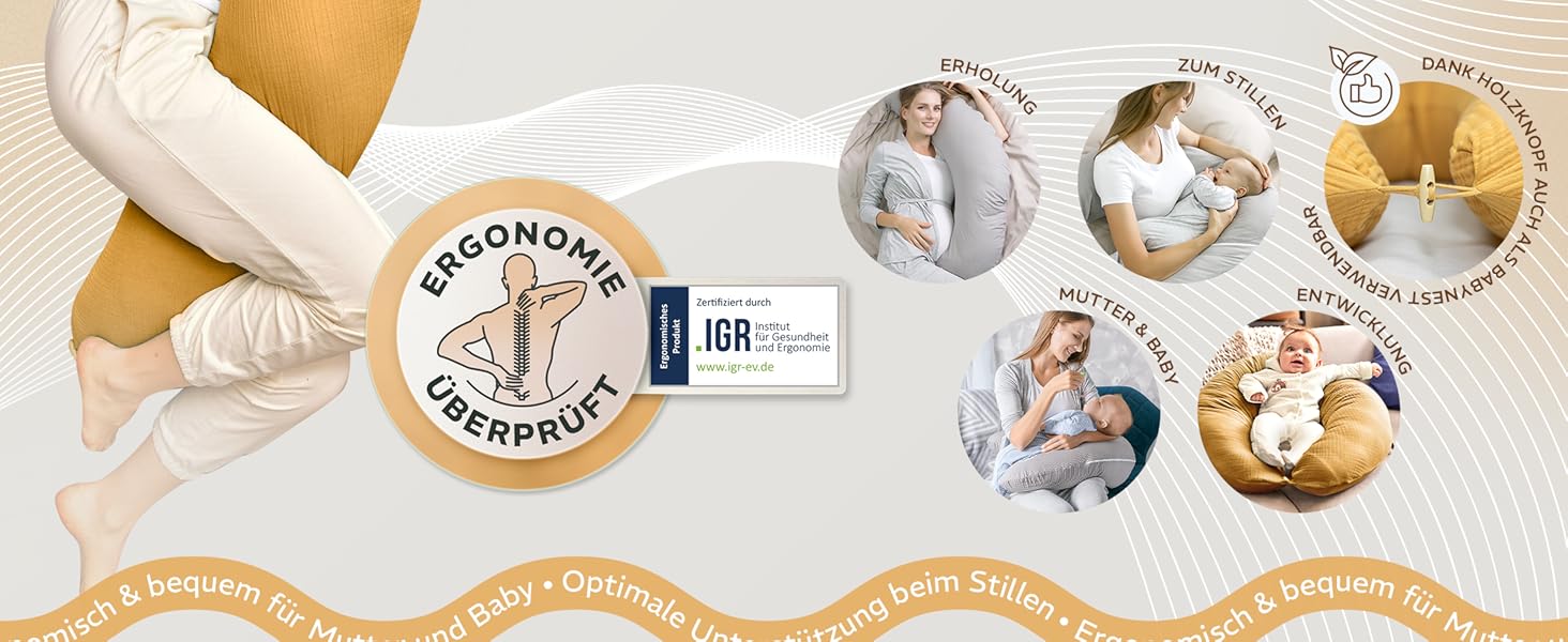 Подушка для вагітних Sei Design XXL з екологічної тканини Öko-Tex | Ергономічна подушка для сну та годування | Безшумна еластична наповнювач, чохол 100% бавовна (Musselin Bernstein, 190x30)