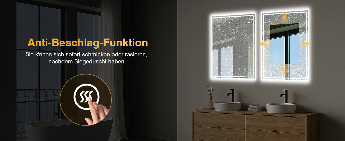 LED дзеркало для ванної кімнати з підсвічуванням 50x70 см, 3 кольори світла, регулювання яскравості, проти запотівання, сенсорне/кнопкове керування