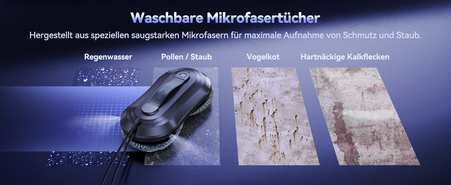 Робот для миття вікон Yeerain з функцією розпилення, потужність всмоктування 7000Pa, тиха робота, 3 режими очищення, інтелектуальна навігація, розпізнавання країв, в комплекті 10 мікрофібрових серветок сірого кольору 'Зоряне небо'