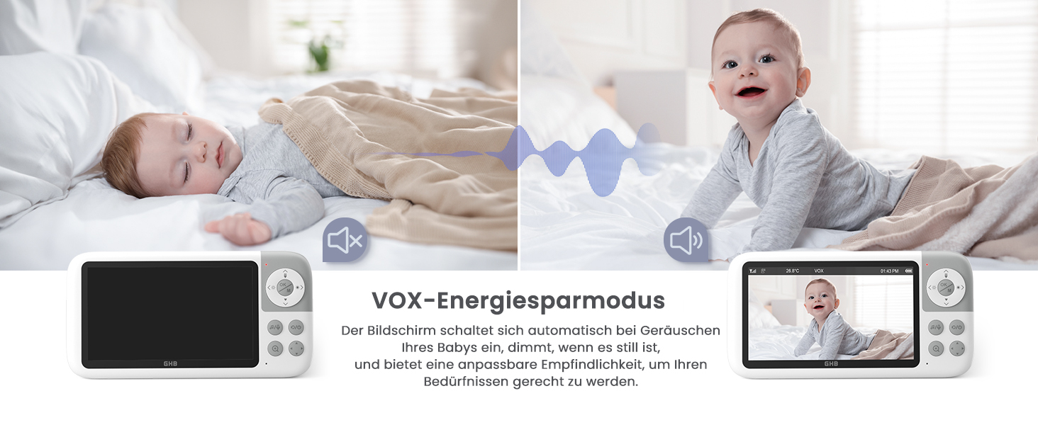 Відеоняня GHB з камерою 5'' HD IPS, 720P, 3050mAh, VOX, Zoom 3X, Нічне бачення, Зв'язок, 8 колискових, Підтримка 4 камер