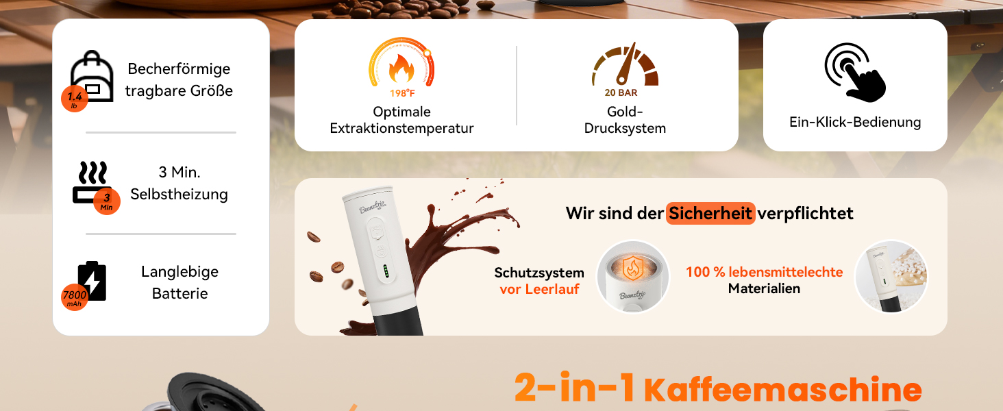 Портативна кавомашина BeanzTrip H02 PRO з акумулятором, 2-в-1: для капсул та меленої кави, 20 Bar, USB-C, для подорожей, кемпінгу, чорна
