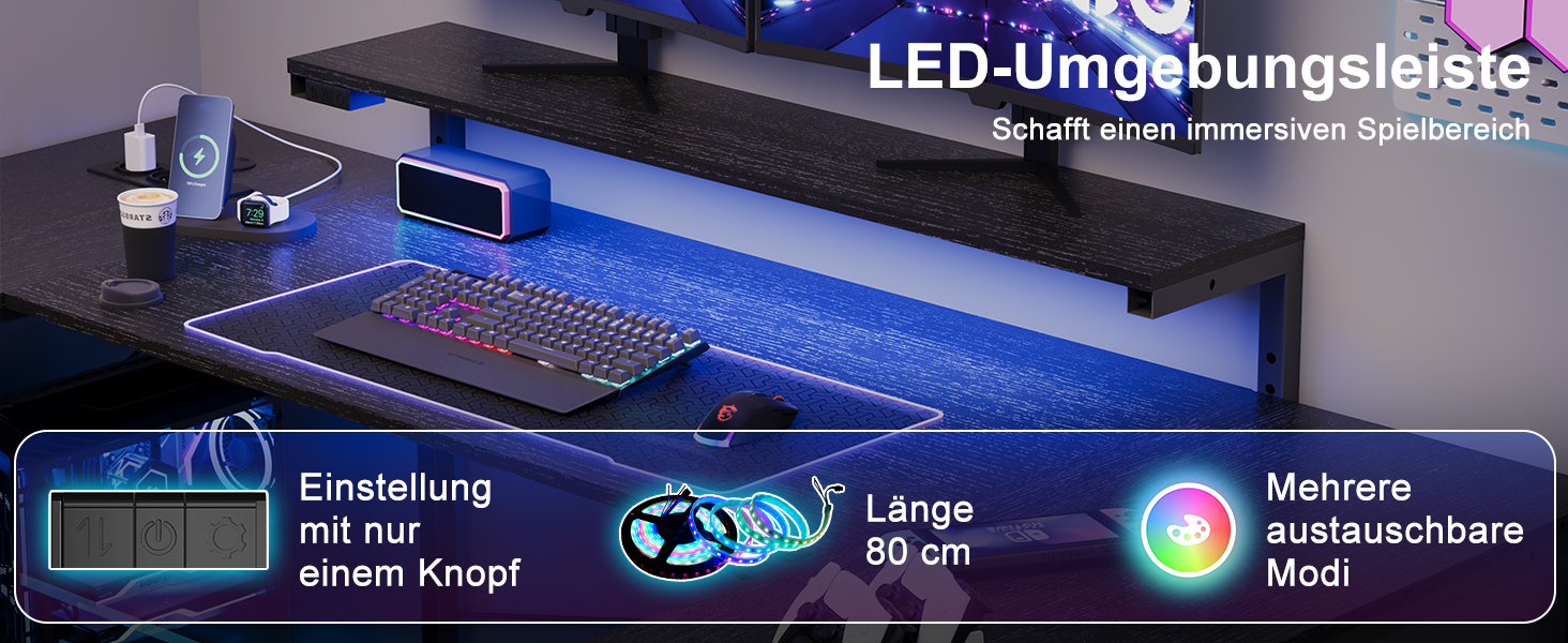Ігровий кутовий стіл JUMMICO L-подібний 170x95 см з LED підсвіткою, регульованою підставкою під монітор, 3 шухляди, 2 розетки, 2 USB, сталевий каркас та стільниця з дерева (Чорний)