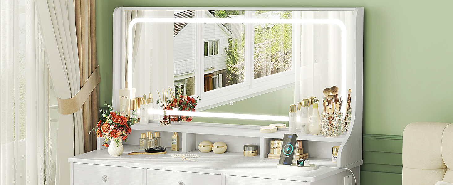 Діплекс туалетний столик з підсвіткою, 110 см, з 11 шухлядами та LED-дзеркалом, білий. Сучасний туалетний столик для спальні та гардеробної