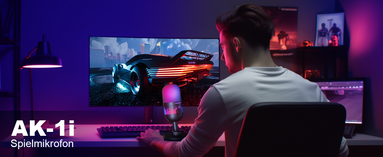 Мікрофон Aokeo для запису та стрімінгу: USB мікрофон для ПК, Mac, PS4/5, з LED-підсвічуванням