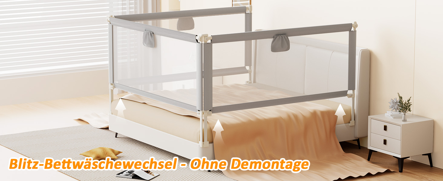 Бортики для ліжка дитячі 3 шт., захисні грати на ліжко для малюків (2x200 см + 1x180 см), сірі, складані