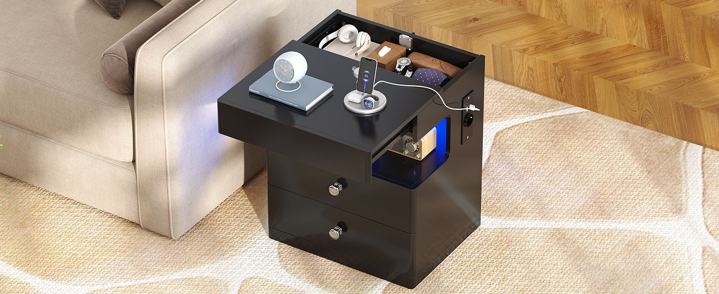 Нічний столик AOGLLATI з секретною поличкою, розеткою та LED-підсвіткою. 2 шухляди, висувний ящик, полиця. Білий, 40x35x59 см