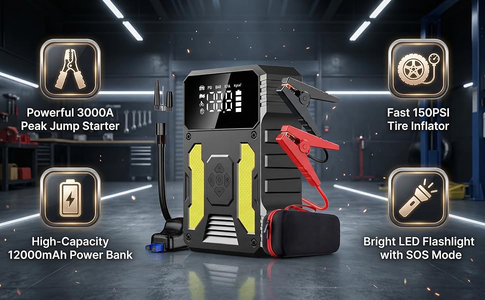 Пусковий пристрій (бустер) для авто 3000A з компресором 150 PSI, портативний Powerbank для PKW, SUV, дизель до 8L, з LED-ліхтарем та PD