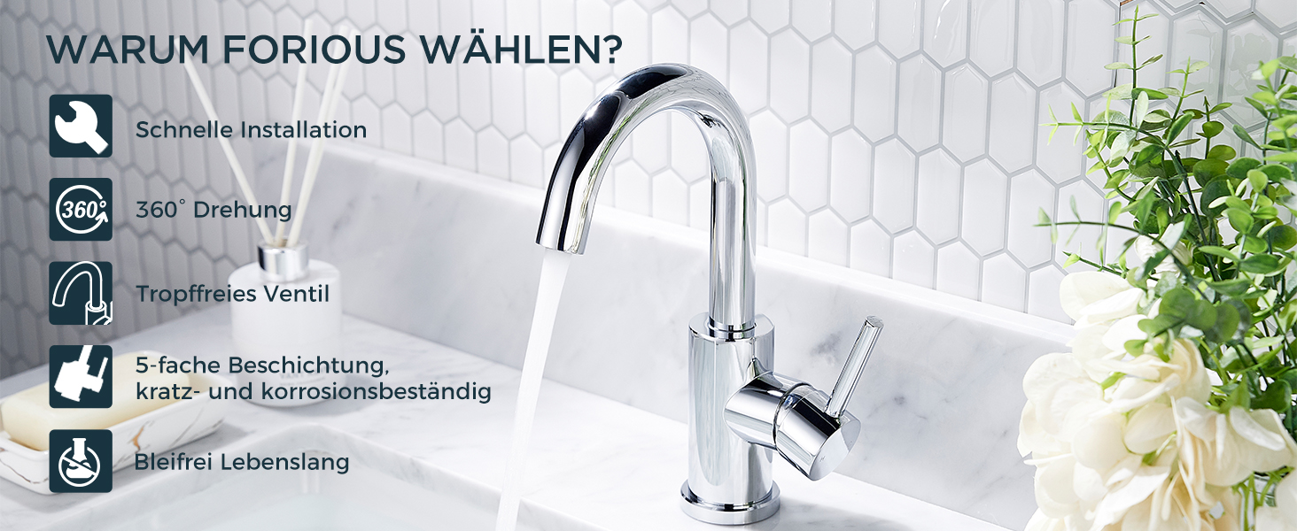Змішувач для ванної кімнати/кухні FORIOUS Hoch 360° з нержавіючої сталі, з підйомом 175 мм, з підключенням до гарячої та холодної води, полірований хром