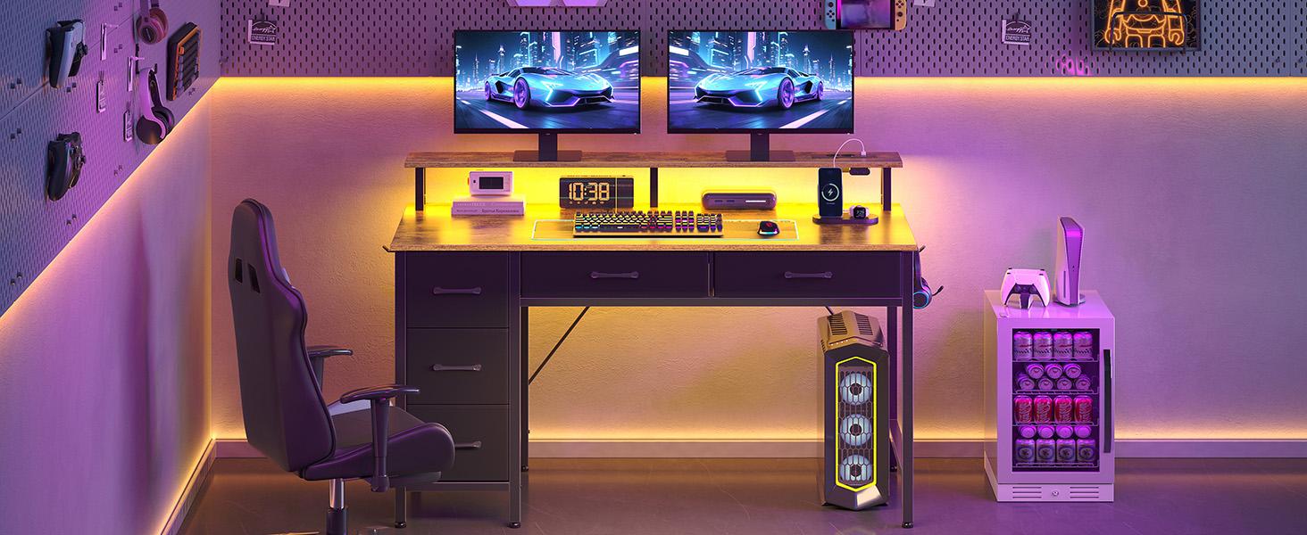 Комп'ютерний стіл Seventable з розетками та LED-підсвіткою, 100 см, геймінговий стіл з 5 висувними ящиками та підставкою для монітора, для офісу, кабінету, спальні, вітальні (Вінтажний коричневий)