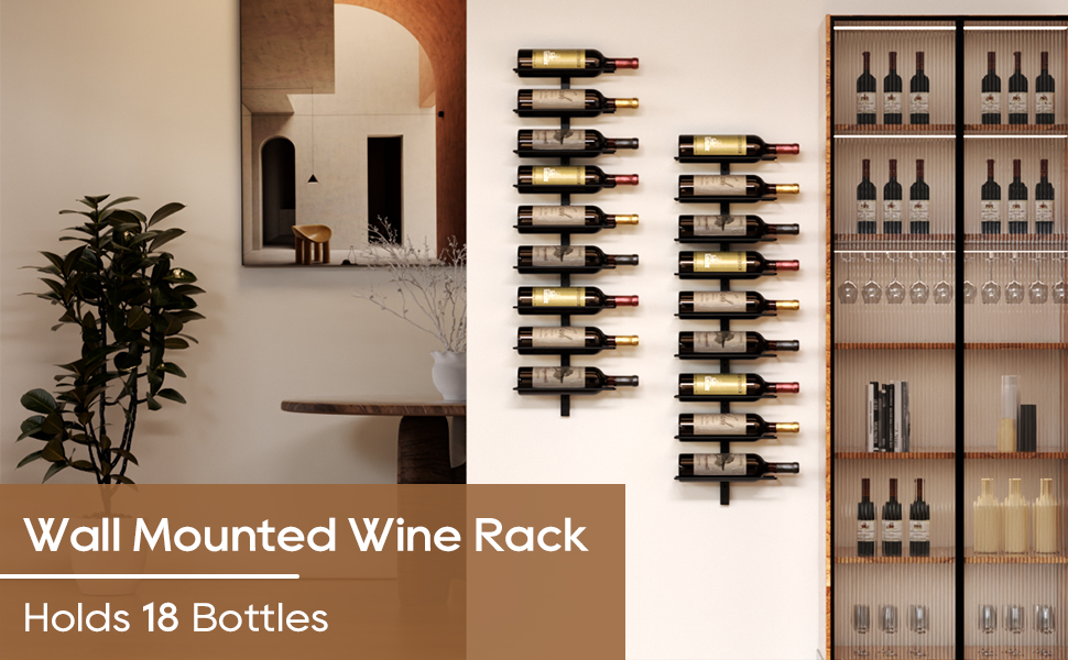 Настінна полиця для вина TJ.MOREE на 12 пляшок, дерев'яний винотримач для кухні, бару, їдальні - чорний комплект 6 шт.