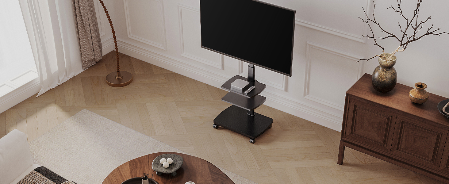 Підставка для телевізора мобільна з поличками Holz, 32-65 дюйми, чорна, VESA 400x400, до 40 кг