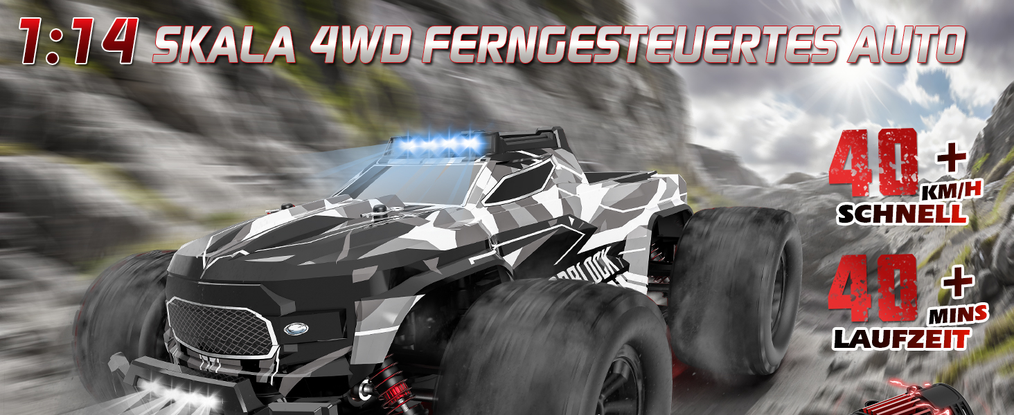 RC Автомобіль Monstertruck 1/14 4WD, 40 км/год, 2 батареї, 7 кольорів підсвічування, Водонепроникний, для дітей та дорослих, Чорний