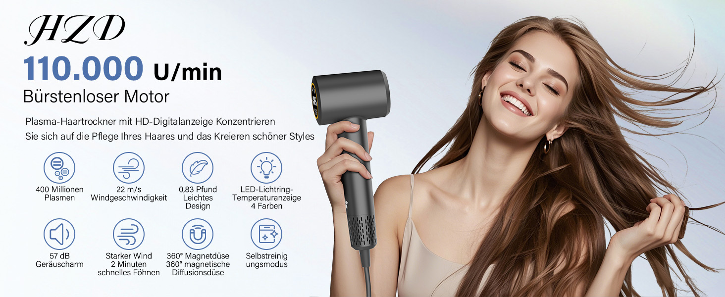 Професійний фен для волосся з дифузором, безщітковий мотор 110 000 об/хв, 400 млн плазмових іонів, низький рівень шуму 57дБ, чорний