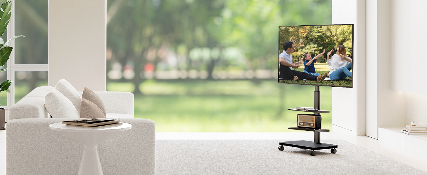 Підставка для телевізора мобільна з поличками Holz, 32-65 дюйми, чорна, VESA 400x400, до 40 кг