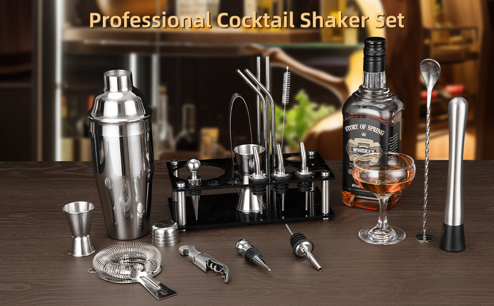 Професійний набір бармена Cinnani 20 предметів: коктейльний шейкер, стійка та аксесуари для приготування коктейлів з нержавіючої сталі - подарунковий набір