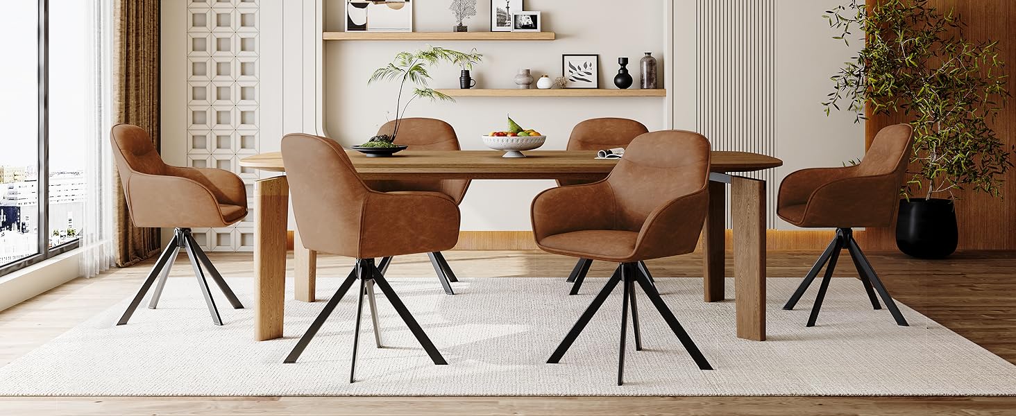 6 стільців для обідньої кімнати з підлокітниками, штучна шкіра, коричневі. Металеві ніжки, для кухні, їдальні та офісу. Комплект 6 шт.