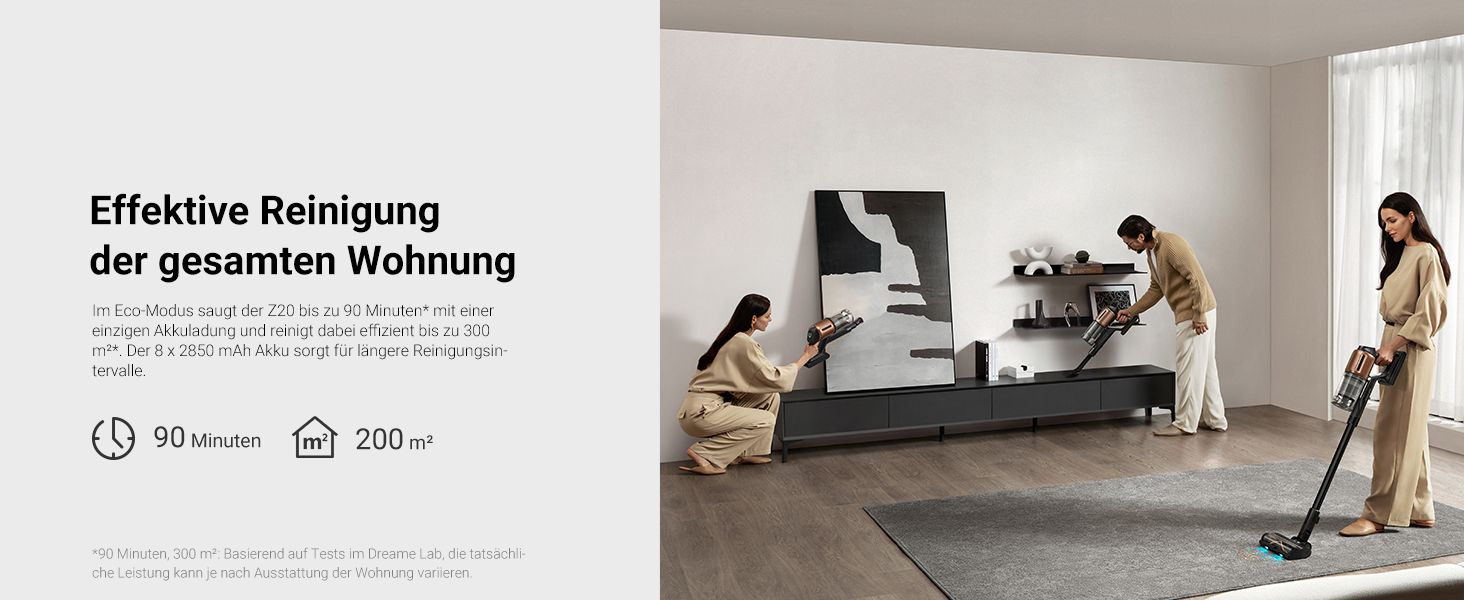 Dreame Z20 - Бездротовий пилосос з потужністю 190AW, LED-дисплеєм та технологією розпізнавання бруду, синій LED-підсвічування, для прибирання дому, видалення шерсті тварин та килимів