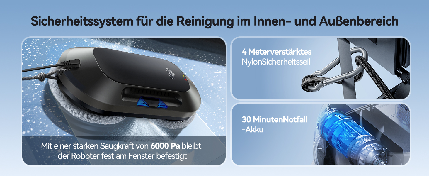 Робот для миття вікон 6000Pa з подвійною насадкою, електричний, з пультом дистанційного керування, 3 режими миття, інтелектуальна навігація, розпізнавання країв, система безпеки, для гладких поверхонь, W23d