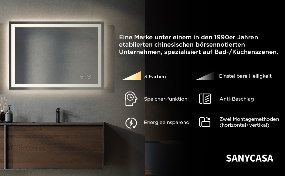 Дзеркало у ванну кімнату з підсвічуванням 50x70 см, сенсорне керування, протитуманне покриття, 3 кольори світла, регулювання яскравості, пам'ять налаштувань, матове покриття, прямокутна форма