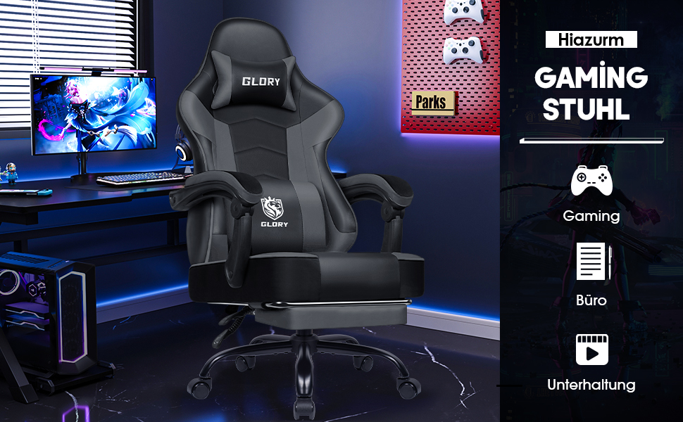 Ігровий крісло, офісне ергономічне крісло з регульованою підніжкою, з підголівником та підтримкою попереку, обертове, 150 кг, сірий