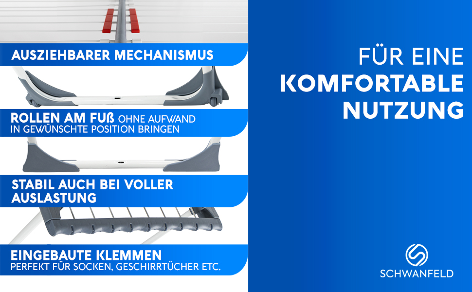Висувна сушильна стійка SCHWANFELD 20M - висока, складана, не ковзає - сушильна машина преміум-класу XXL