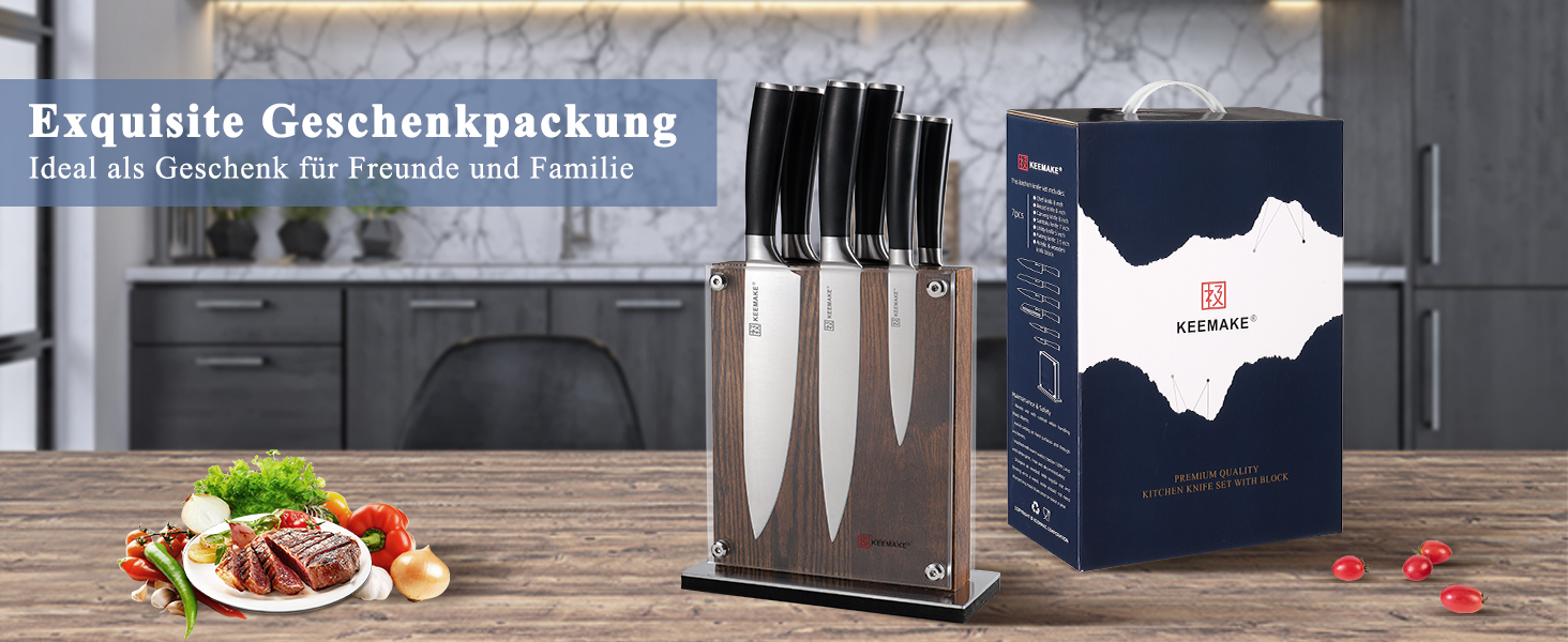Набір кухонних ножів Keemake 7 предметів з дерев'яним блоком, професійний набір кухонних ножів з нержавіючої сталі, міцні та гострі