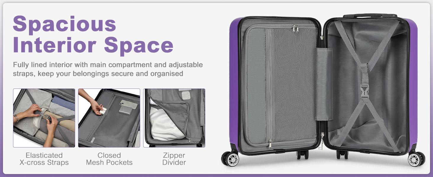 KONO Чемодан-валіза ручної поклажі, 55x35x22 см, 3 шт. (фіолетовий) з TSA-замком та подвійними коліщатками для подорожей та бізнесу