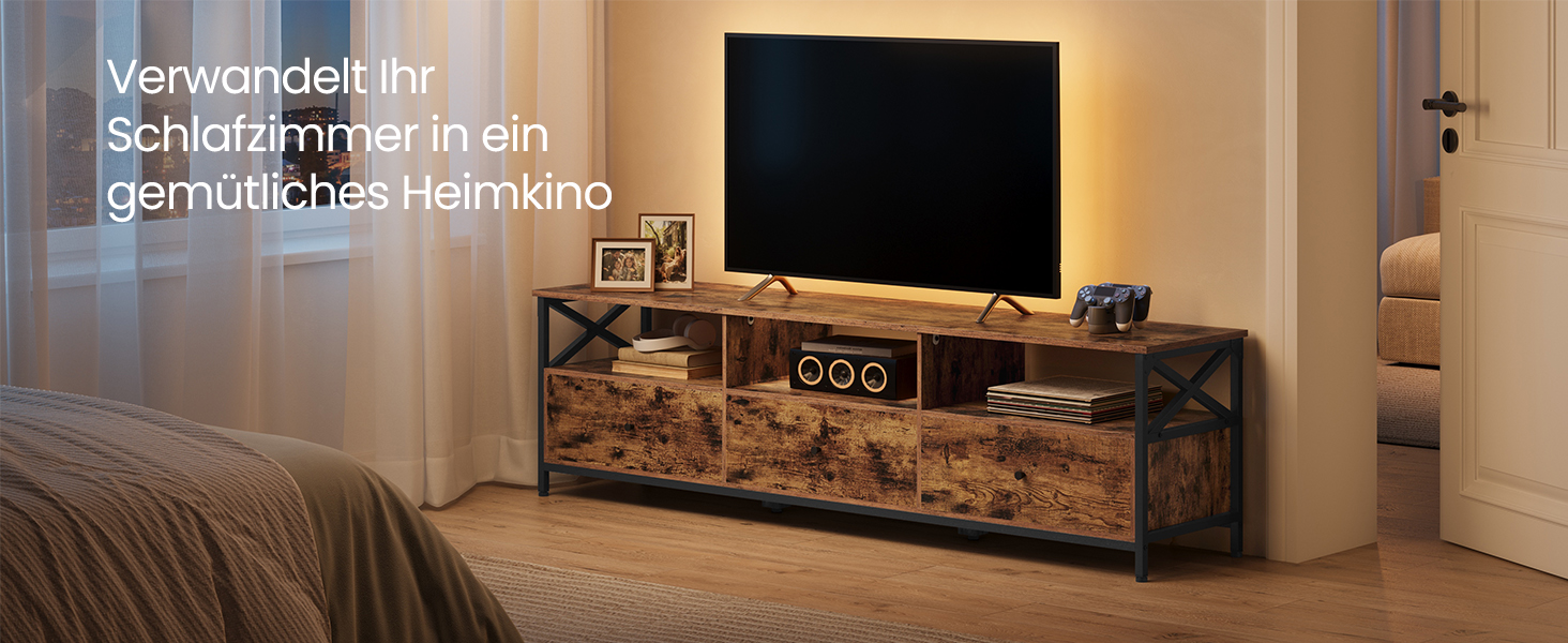 Тумба під телевізор VASAGLE до 80 дюймів, низька, з 3 шухлядами та 3 відкритими полицями, вітальня, металевий каркас, коричнево-чорний, 178x40x50 см