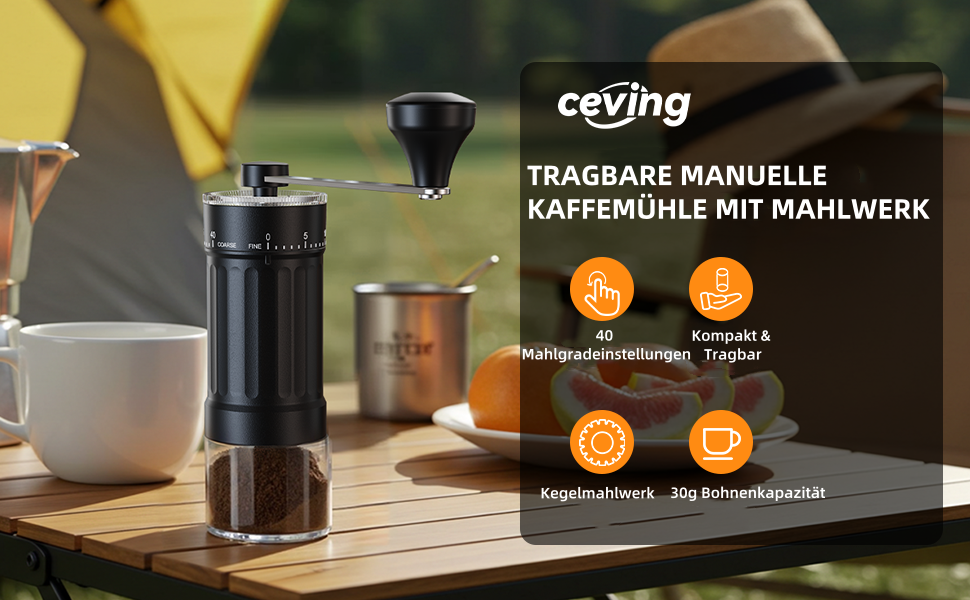 Ручна кавомолка з керамічним жорном, 40 налаштувань помелу, об'єм 30 г - для еспресо, френч-прес, подорожі (Чорний)