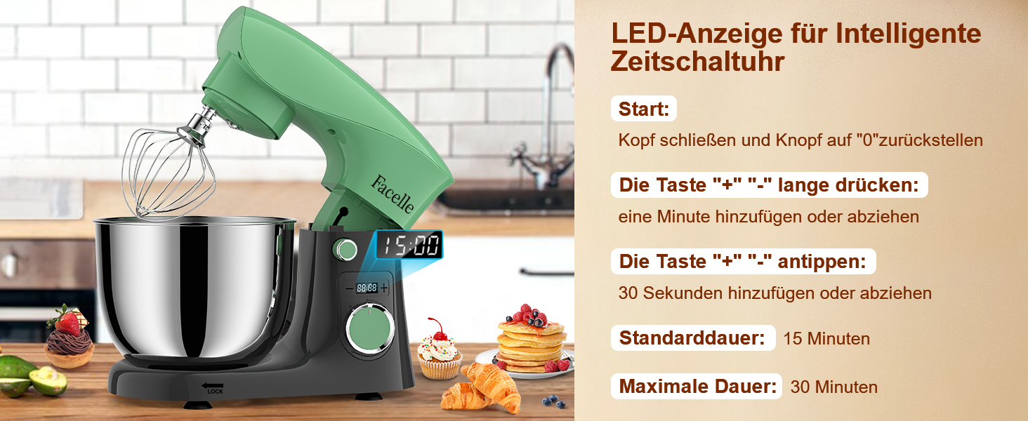 Кухонна машина-міксер Facelle 1500W з великою чашею 5.5/4.5л, 10+ програм, тиха робота, набір насадок (зелено-сірий)