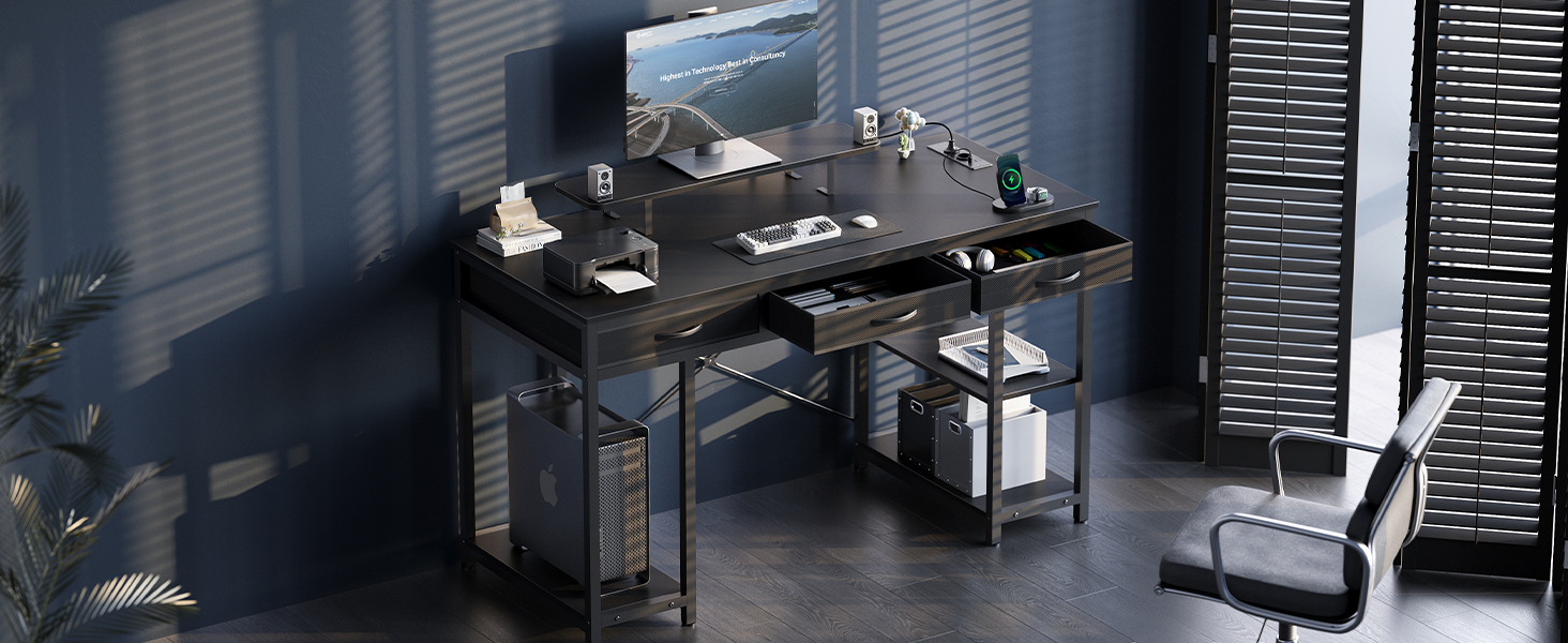 Комп'ютерний стіл Claiks з 3 шухлядами, полицею, 2 розетками та 2 USB-портами для зарядки, білий (120 x 60 см), чорний