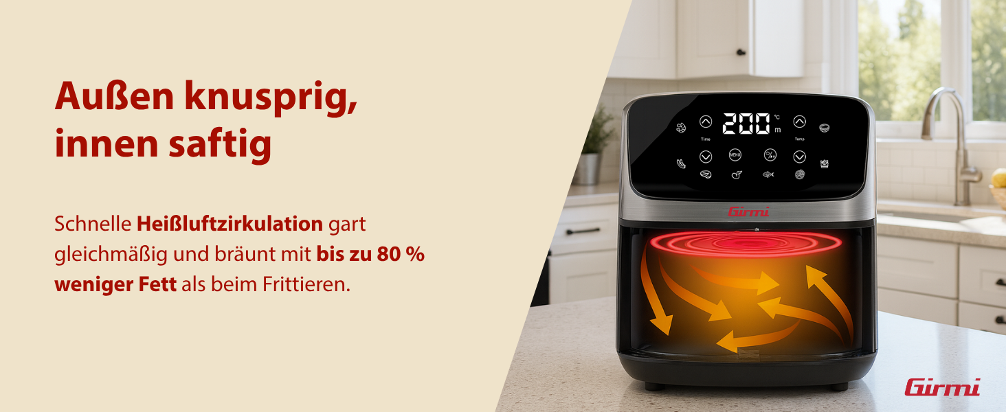 Аерофритюрниця Girmi FG27 Ecofrit Lite, 4.2 л, 1400 Вт, цифровий дисплей, 8 програм, таймер, без BPA та PFOA, сіра